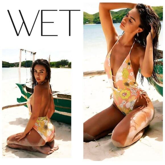 Wet Swimwear Darcy Retro Floral Plunge Drawstring One Piece Orange Women's S NWT - Picture 1 of 4